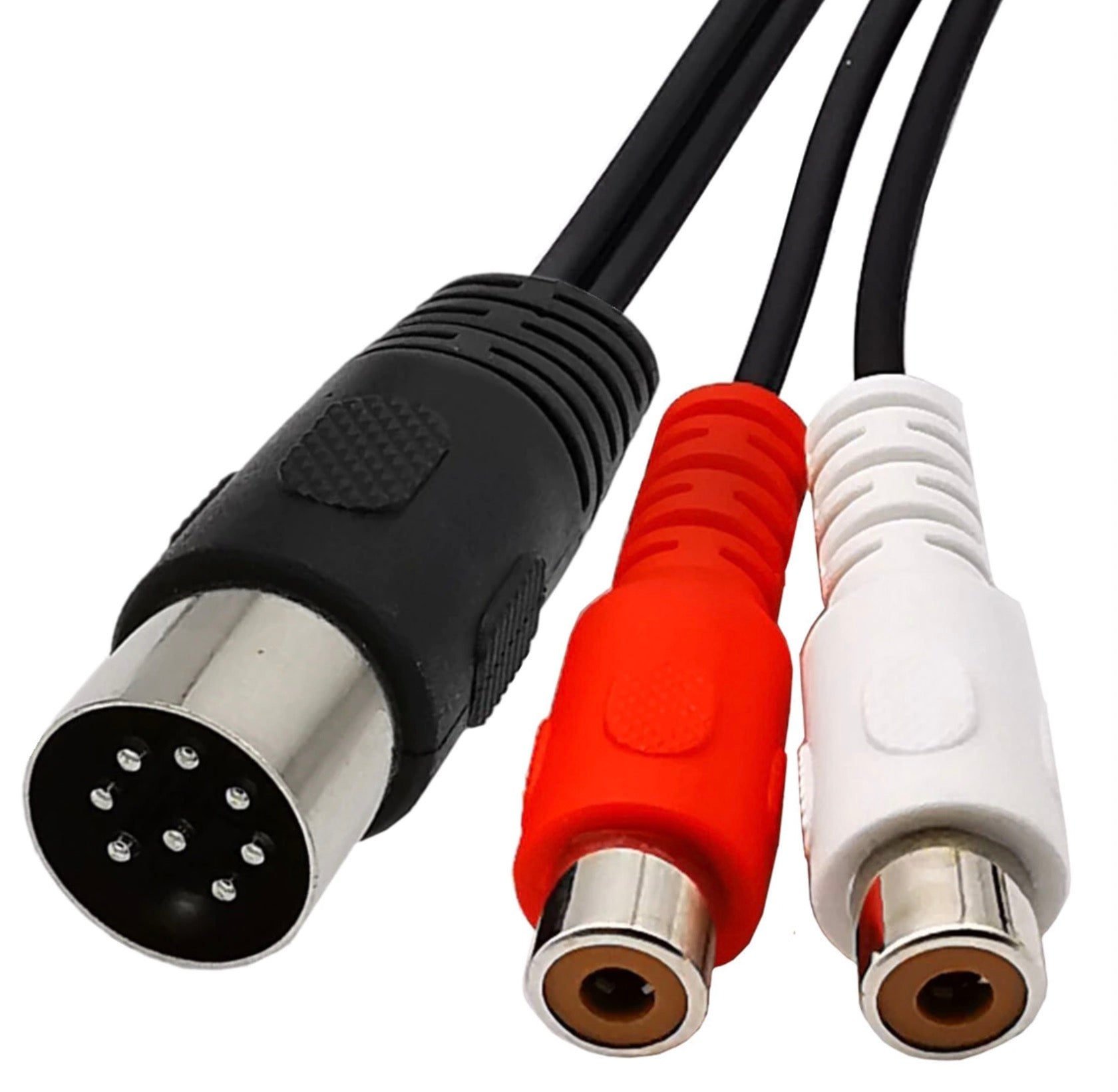 An 8-pin Din male to dual RCA female audio cable with black, red, and white coloring on the connectors.