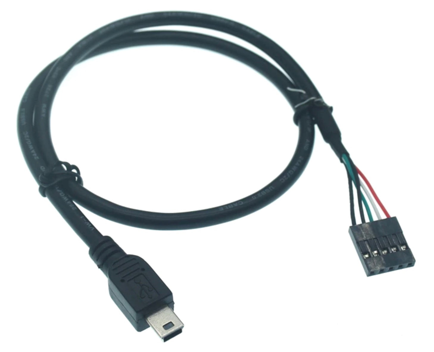 A black Mini USB to 5 Pin Dupont Extension Cable with a right angled mini male connector and a straight 5 pin female connector.
