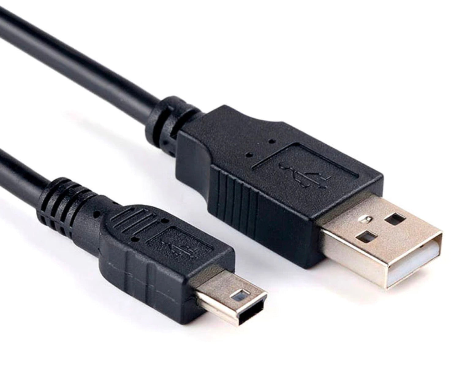 A black USB 2.0 Type A Male to Mini USB 5 Pin Male data charging cable.