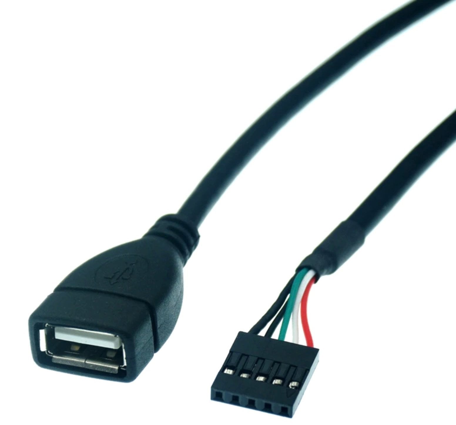 Close-up of USB Type-A female port and 5-pin Dupont female header on adapter cable.