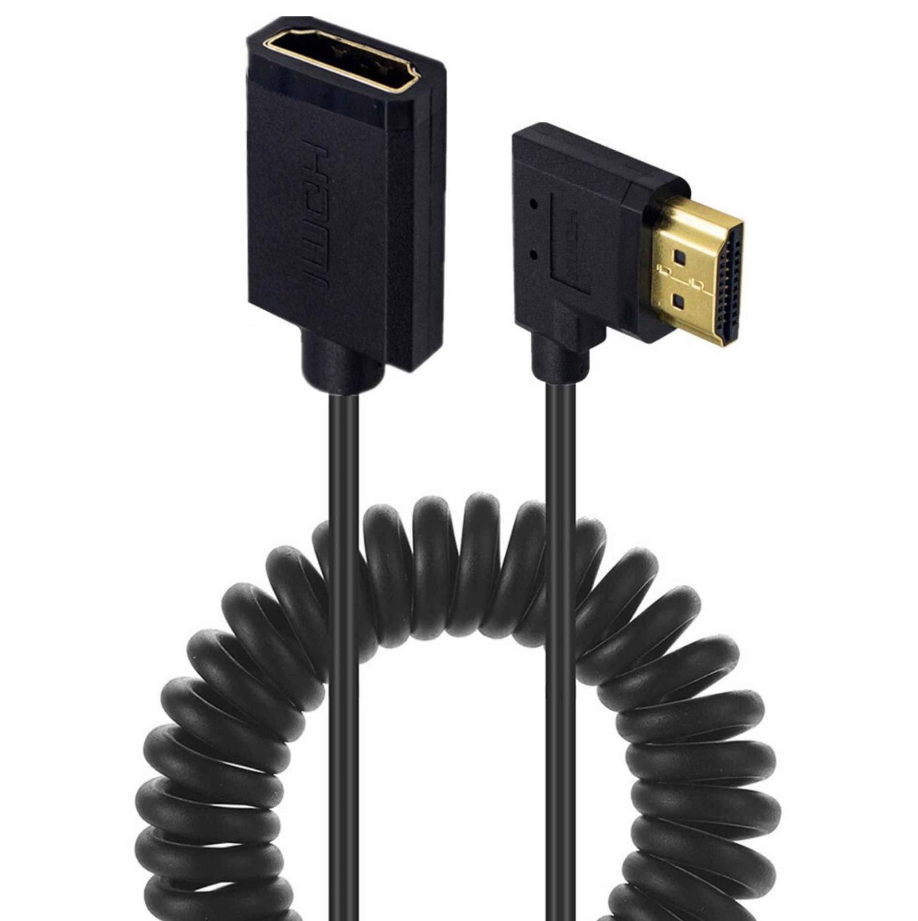 Coiled HDMI cable stretched showing full length and gold-plated connector.