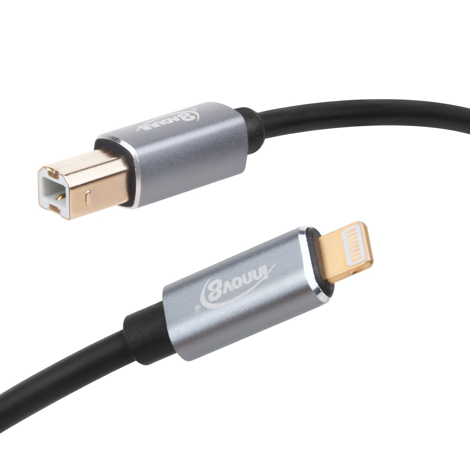 An 8 Pin to USB-B 2.0 OTG Musical Instrument MIDI Coiled Cable with black color and metallic connectors.