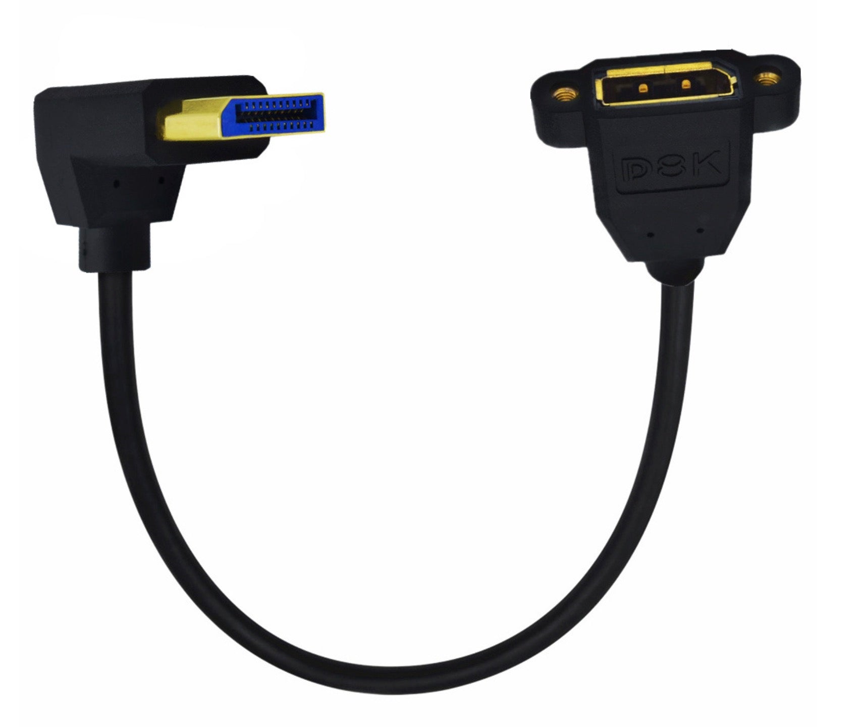 DisplayPort 1.4 angled connector side view for tight spaces behind monitors