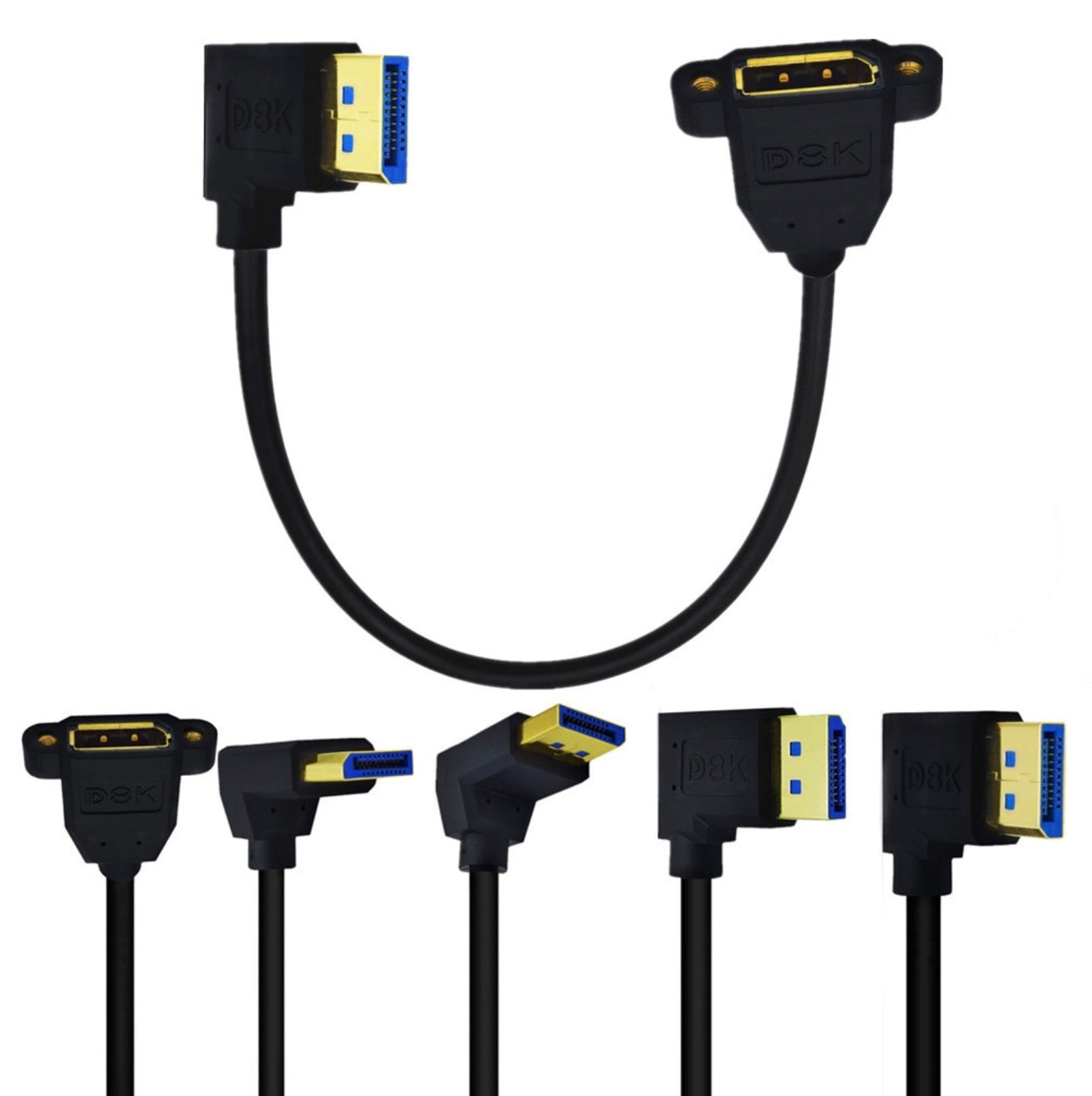 A selection of DisplayPort cables with various male to female connectors, predominantly black in color.
