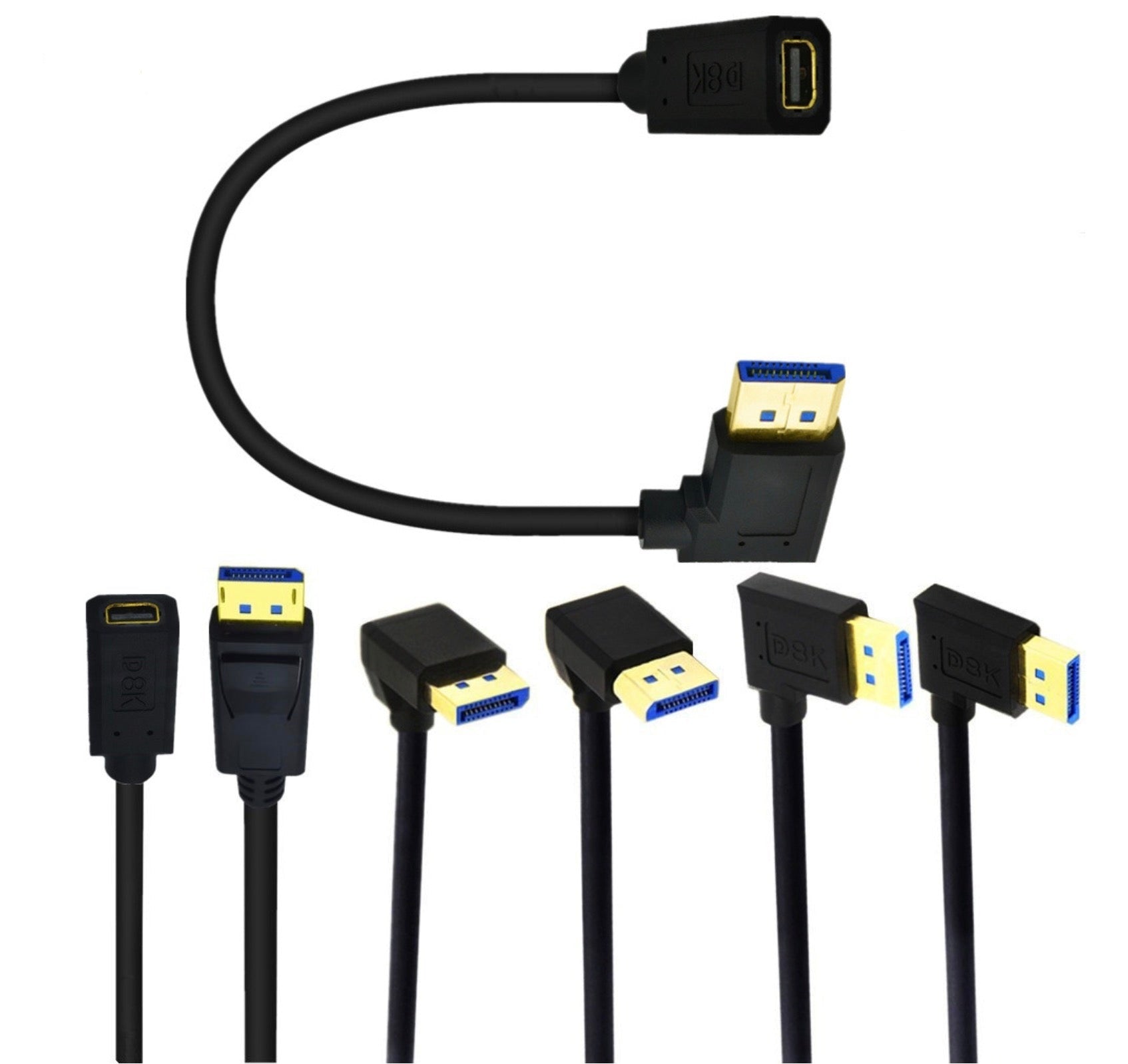 An extension cable with 8K DisplayPort 1.4 Male to Mini DisplayPort Female connectors, predominantly black in color with a yellow and blue connector tip.