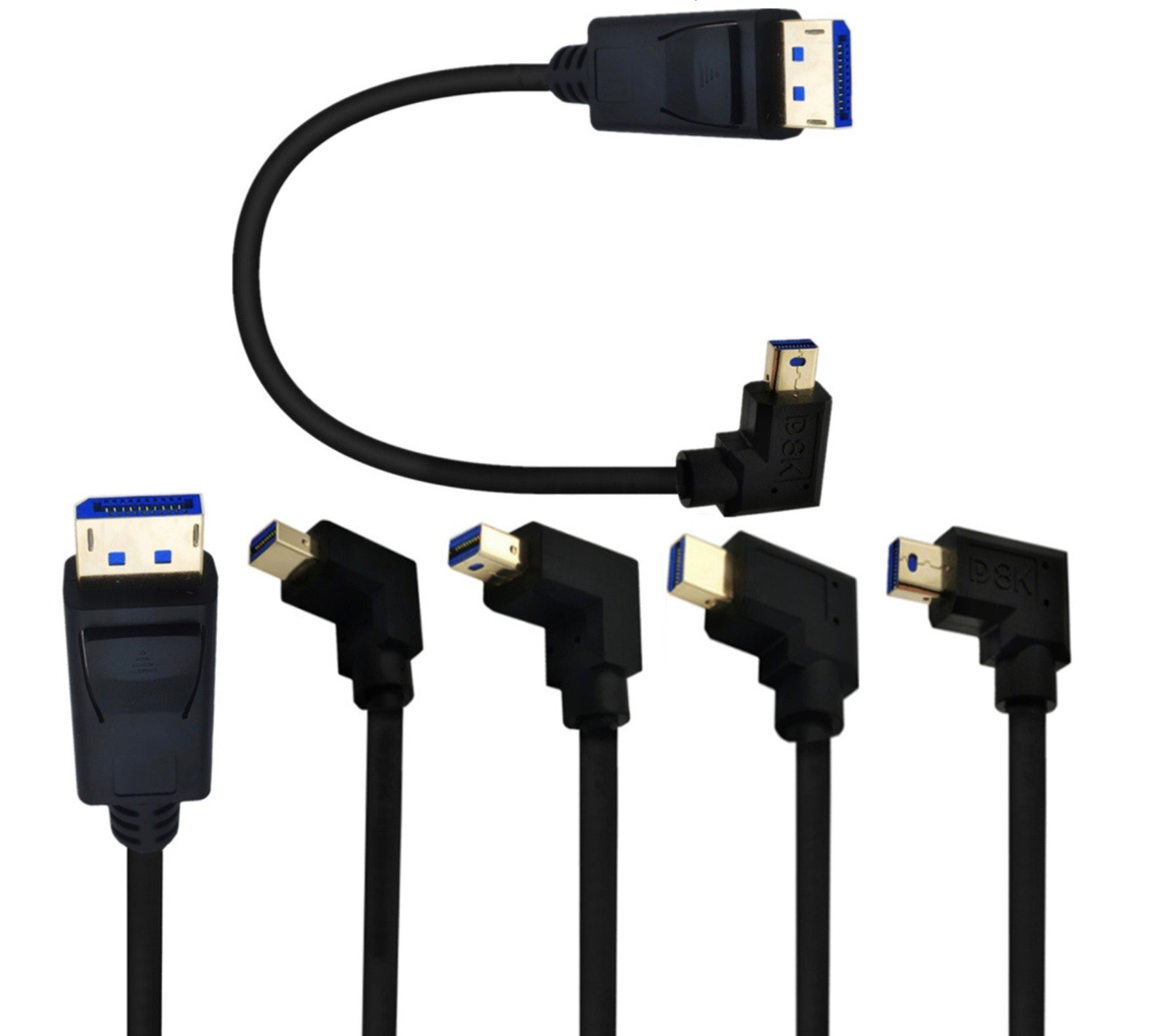 A black angled male to straight male DisplayPort cable with gold flashed connectors, and an additional Mini DisplayPort connector on one end.