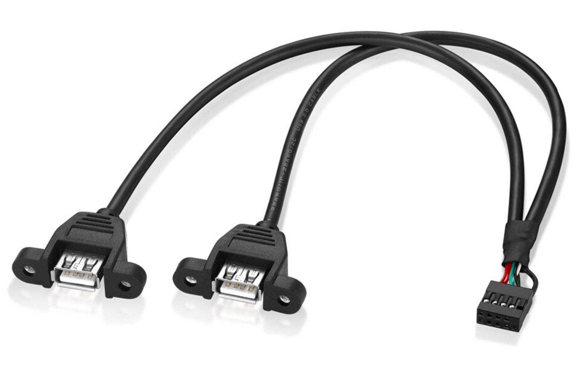 Dual USB-A female panel mount connectors with screw holes