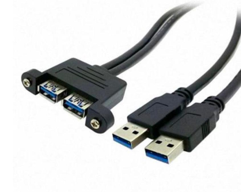 Dual USB 3.0 Type A Male to Female Extension Cable with Panel Mount, in black color.