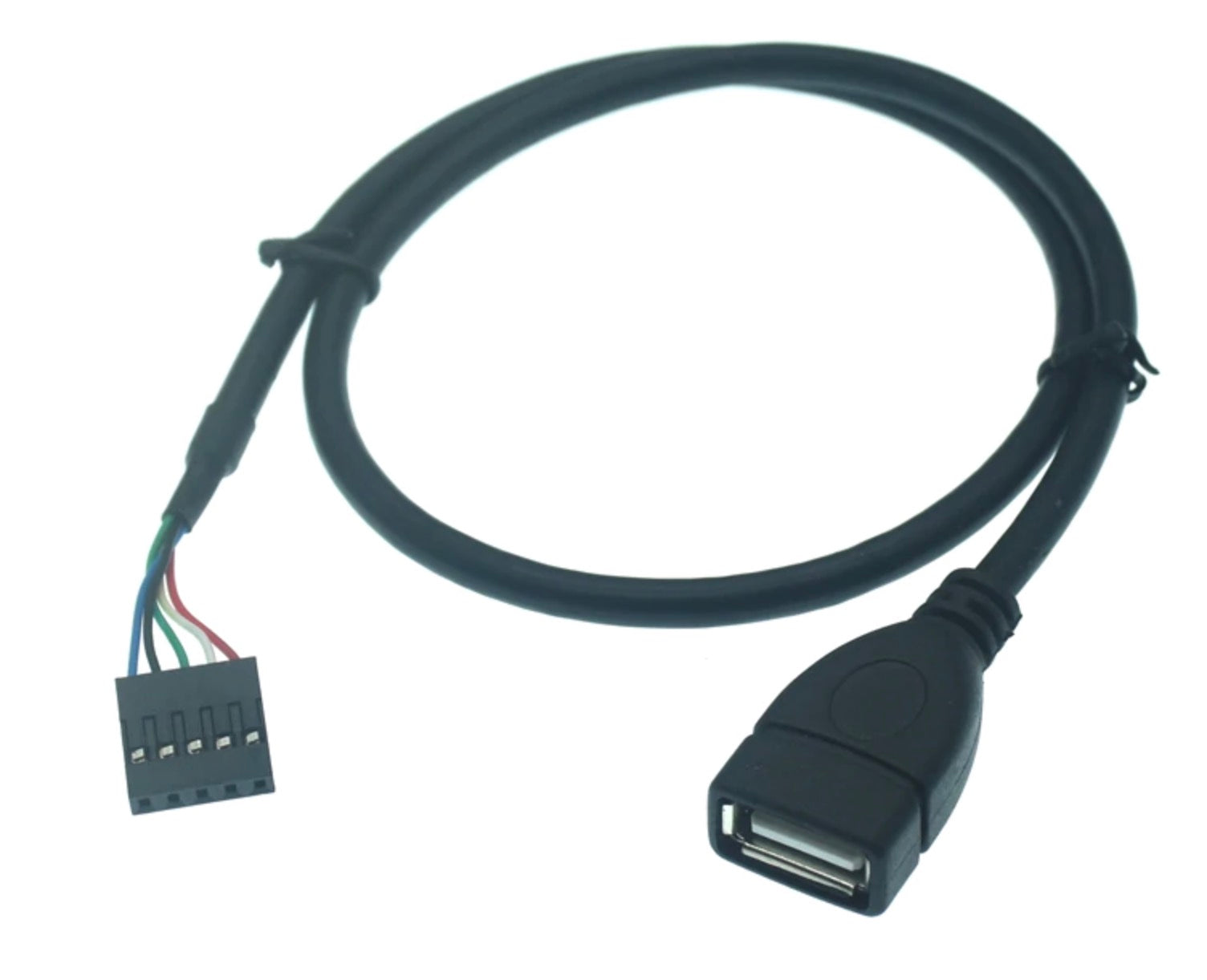 Full-length view of USB 2.0 A female to 5-pin Dupont cable showing connectors and flexible cable.