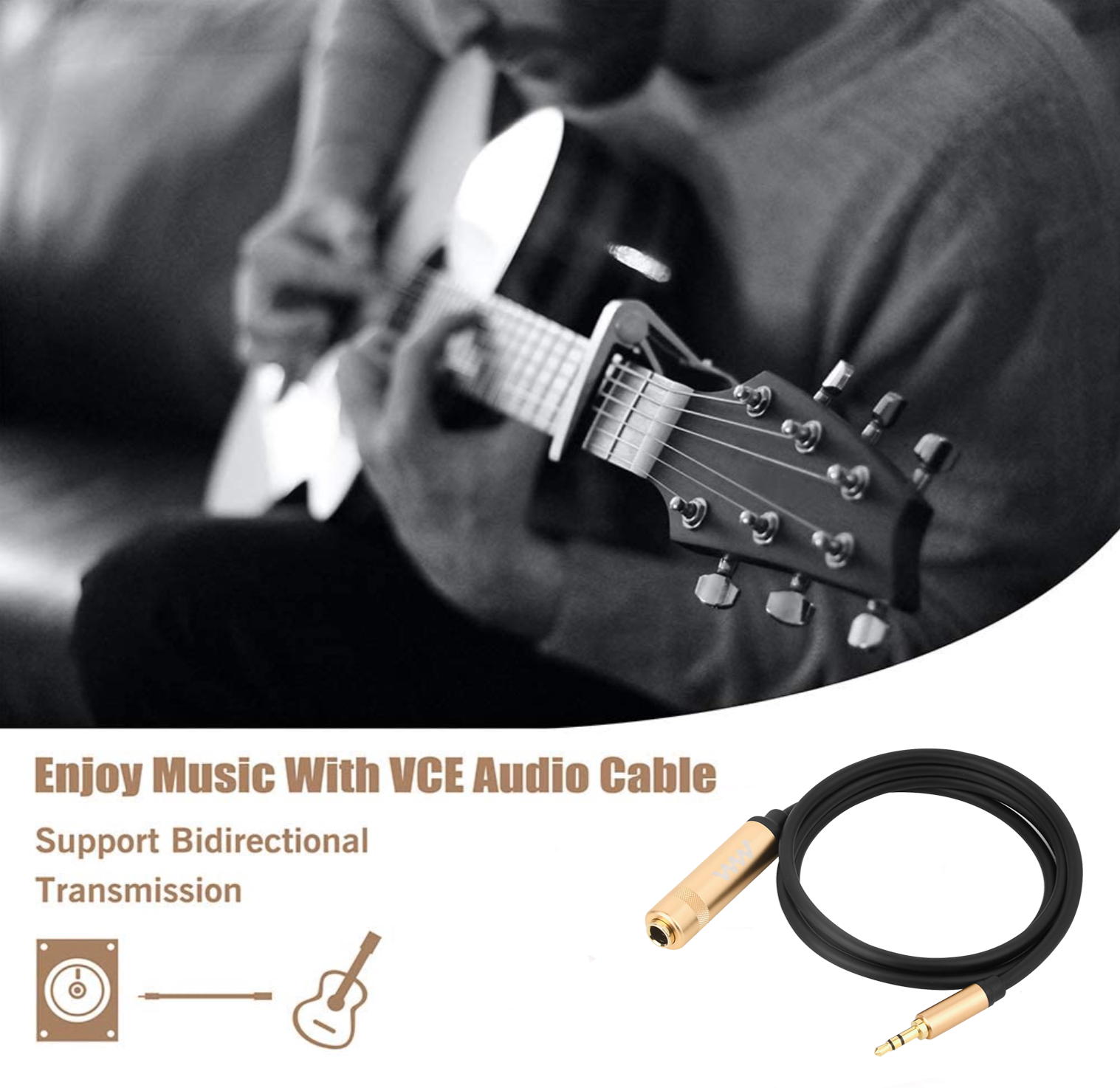 Gold-plated 6.35mm female to 3.5mm male stereo adapter cable