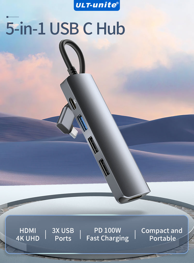 5-in-1 USB-C Hub 4K 30Hz HDMI, USB 3.0, 2.0 and PD 100W Fast Charging