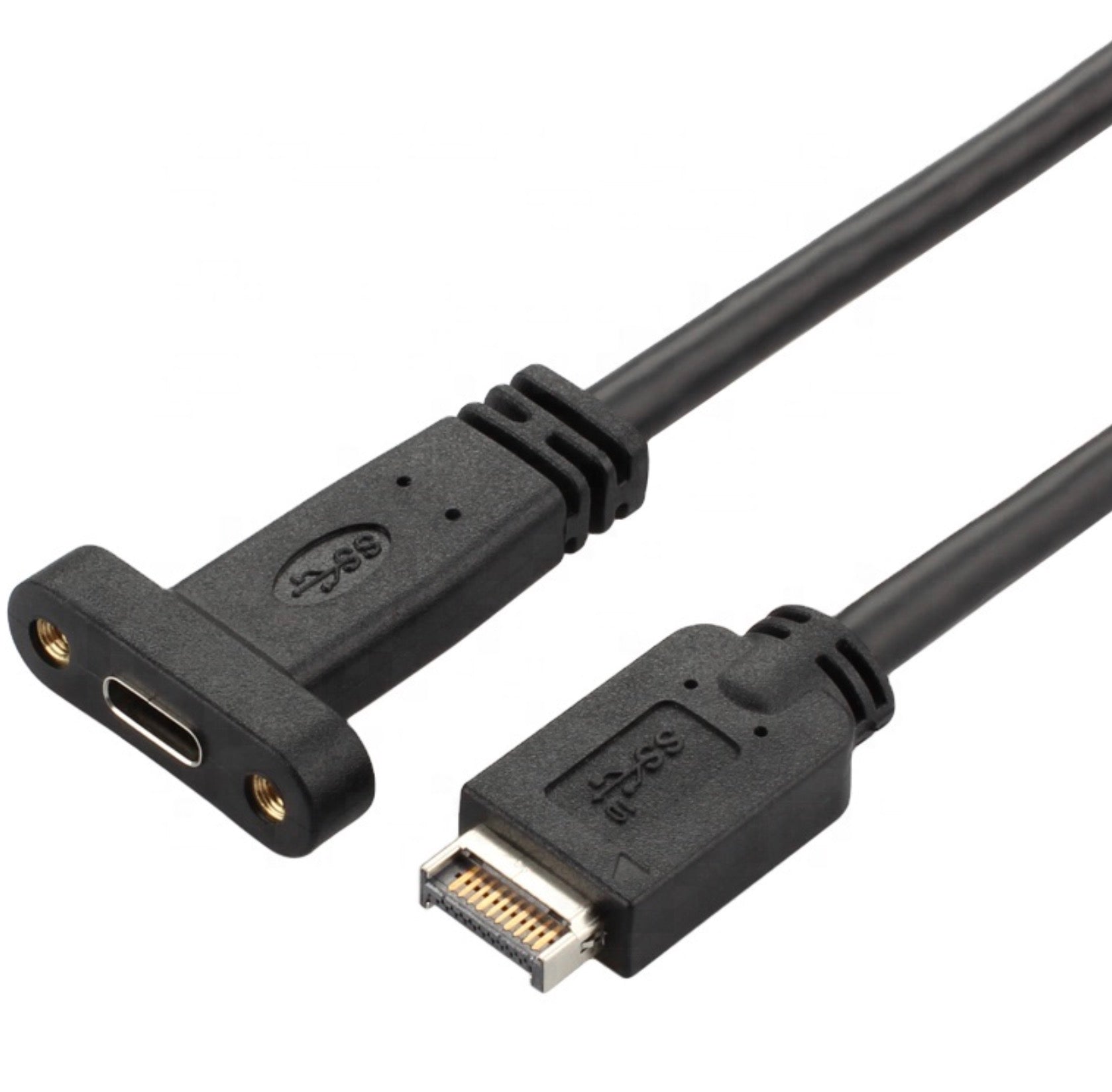 A black USB 3.1 Type-C female panel mount cable connected to a USB Type E 20 pin connector.