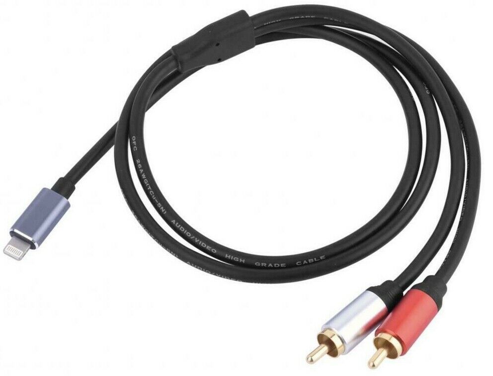 Lightning to dual RCA stereo audio cable with red and white male RCA connector