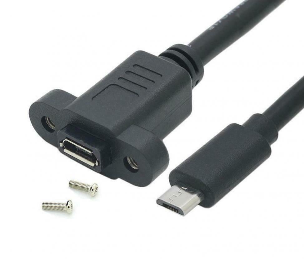 Micro-B USB male to female panel mount extension cable