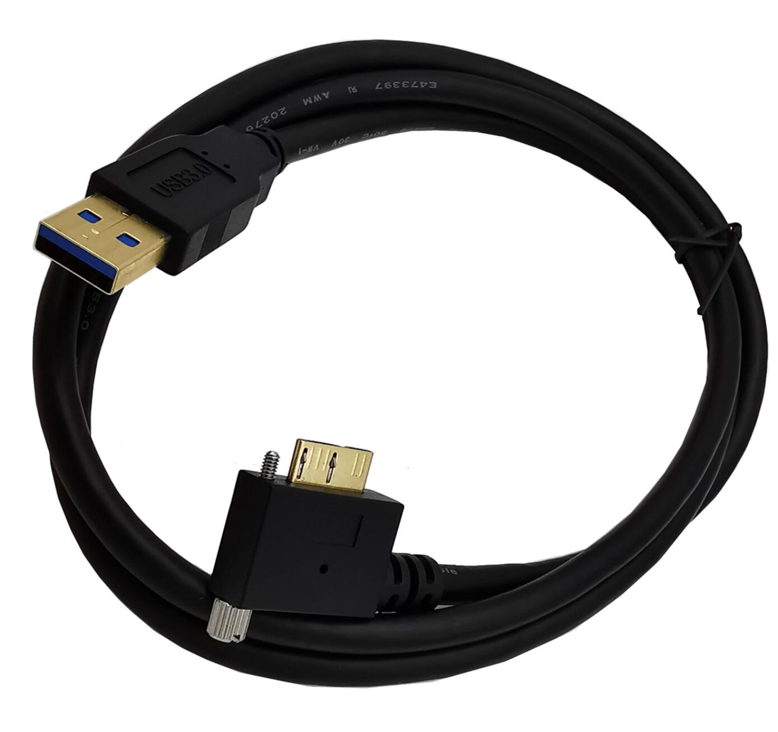 Micro-B right angle USB 3.0 cable with locking panel mount