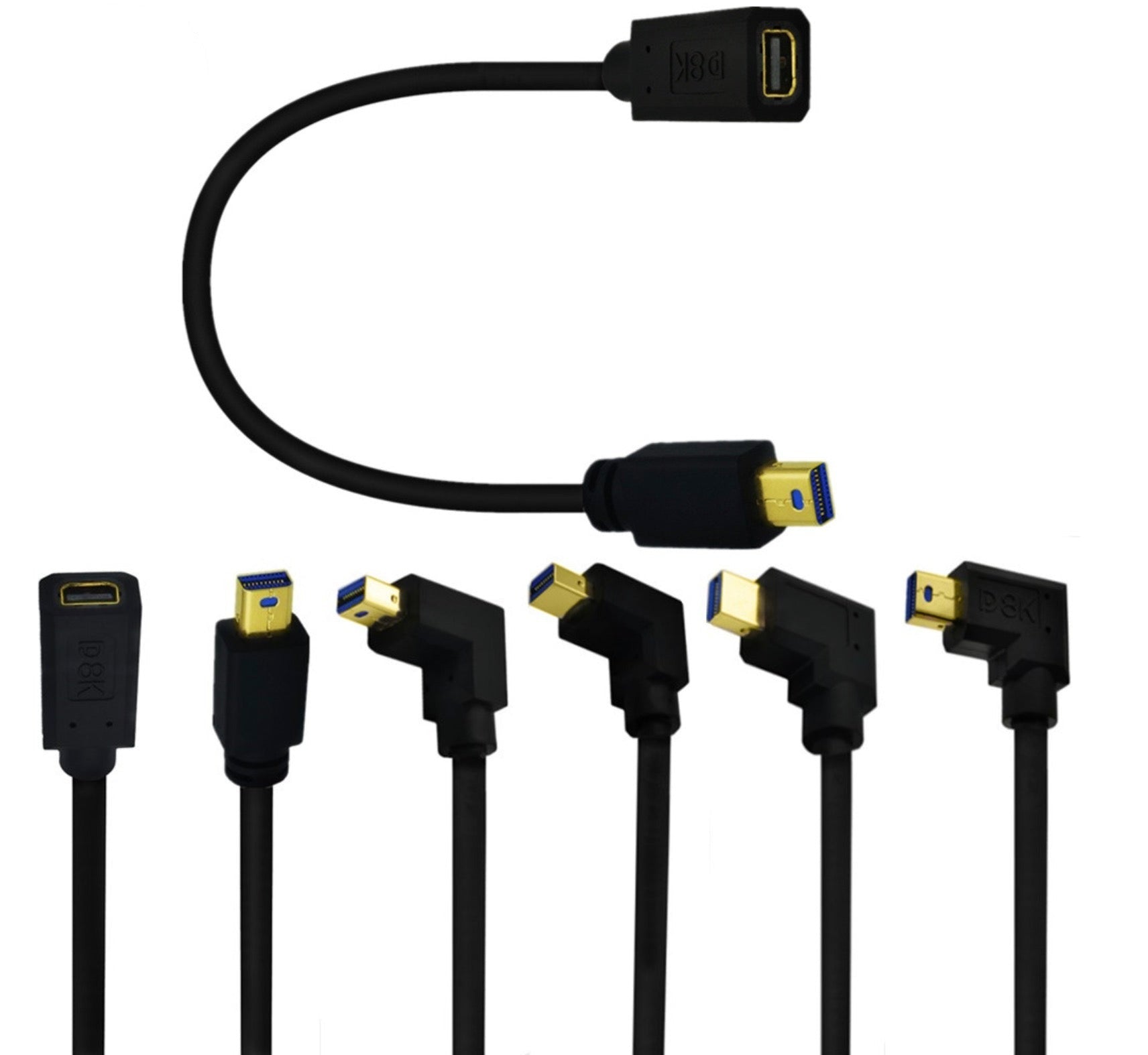 A set of black Mini DisplayPort 1.4 male to female video extension cables with gold-plated connectors.