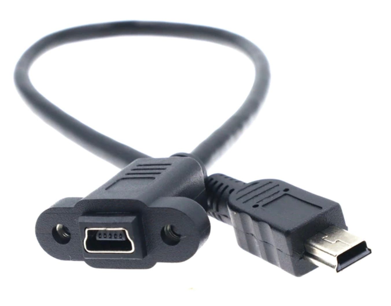A black Mini USB B 5 Pin Male to Female Socket Panel Mount Extension Cable with one male USB connector and one female panel mount connector.