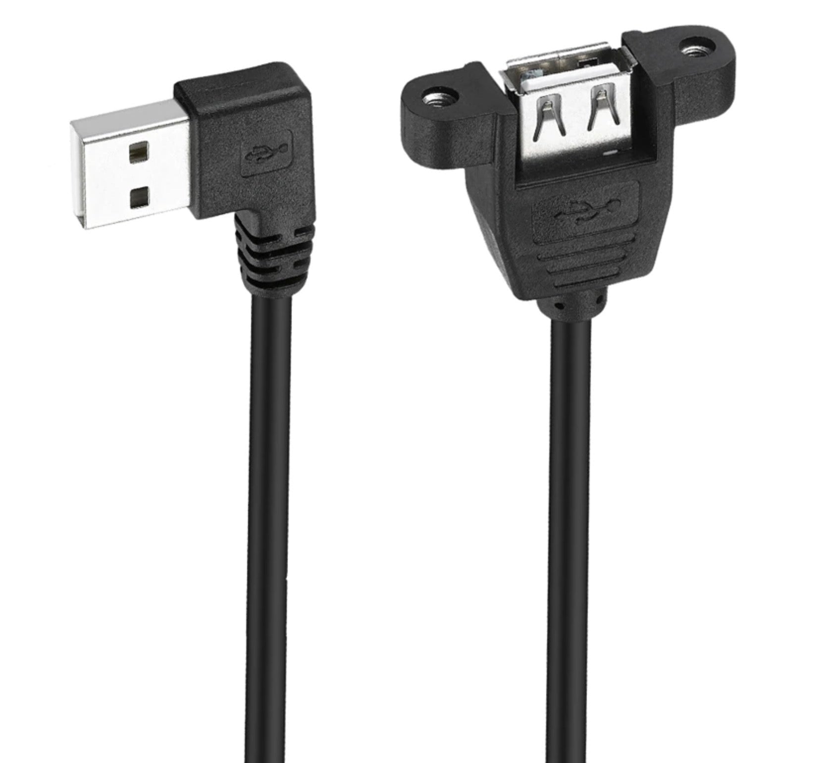 Black USB extension cable with angled connectors on a white background