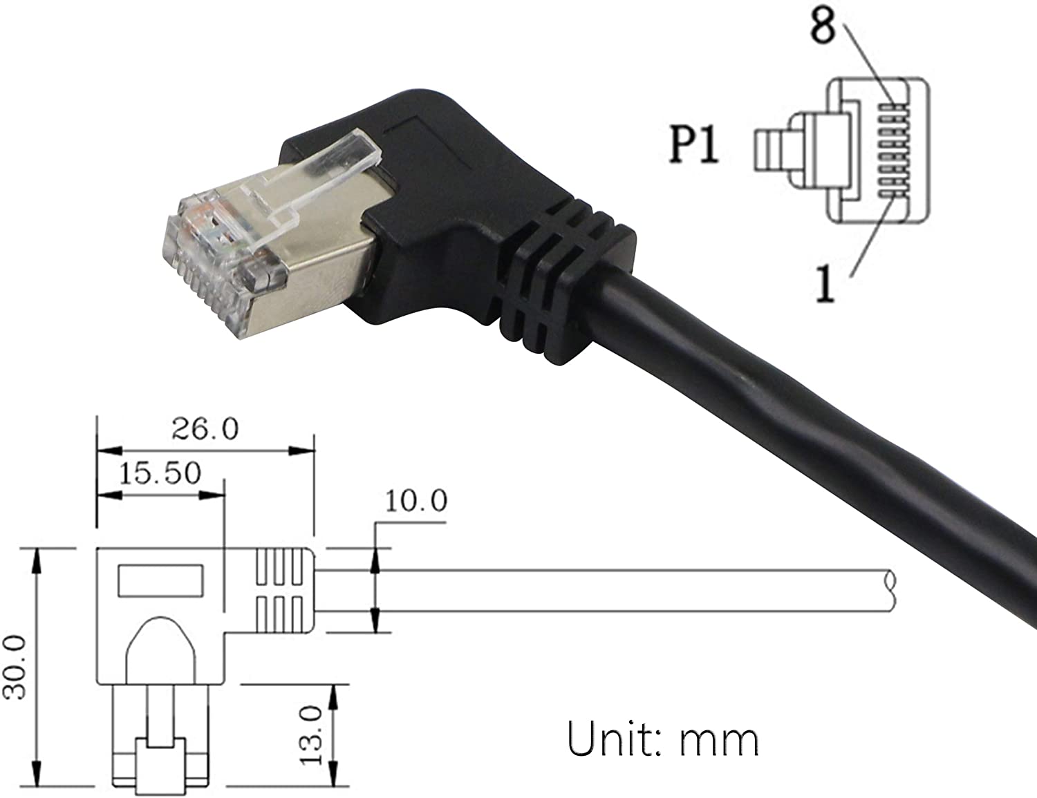 RJ45 extension cable showing straight and angled option