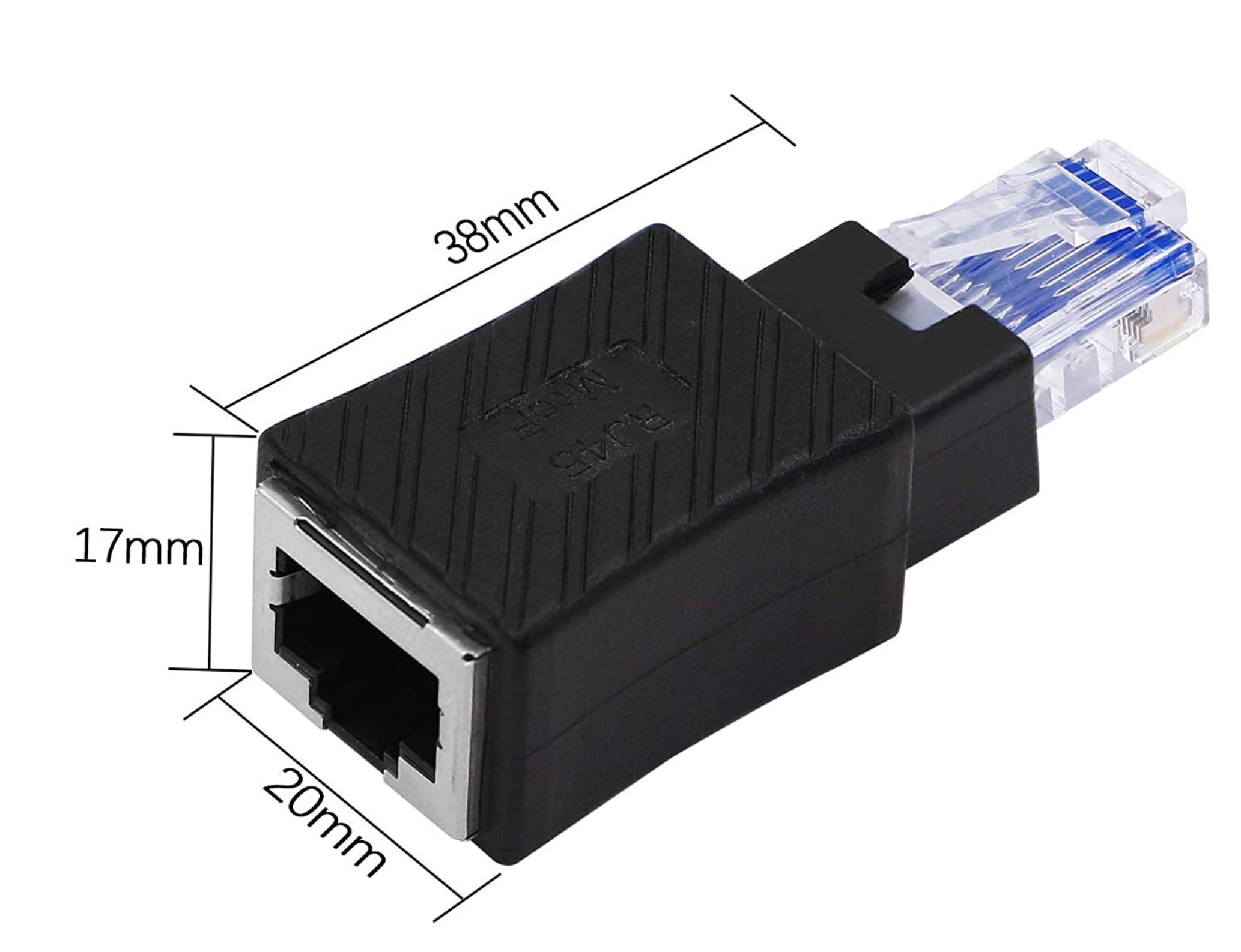 A set of five RJ45 male to female extension adapters in black color, with various angled options for network connectivity.