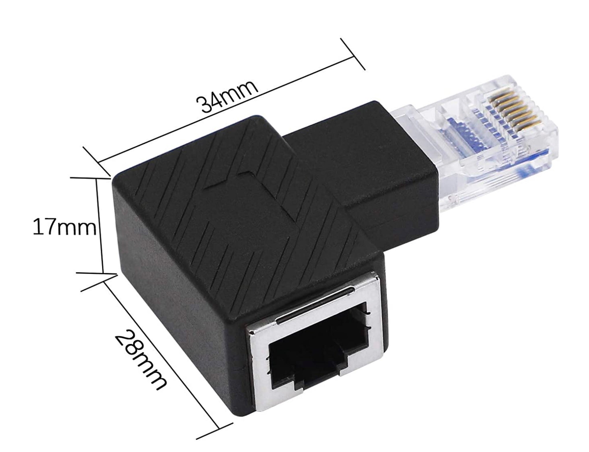 A set of five RJ45 male to female extension adapters in black color, with various angled options for network connectivity.