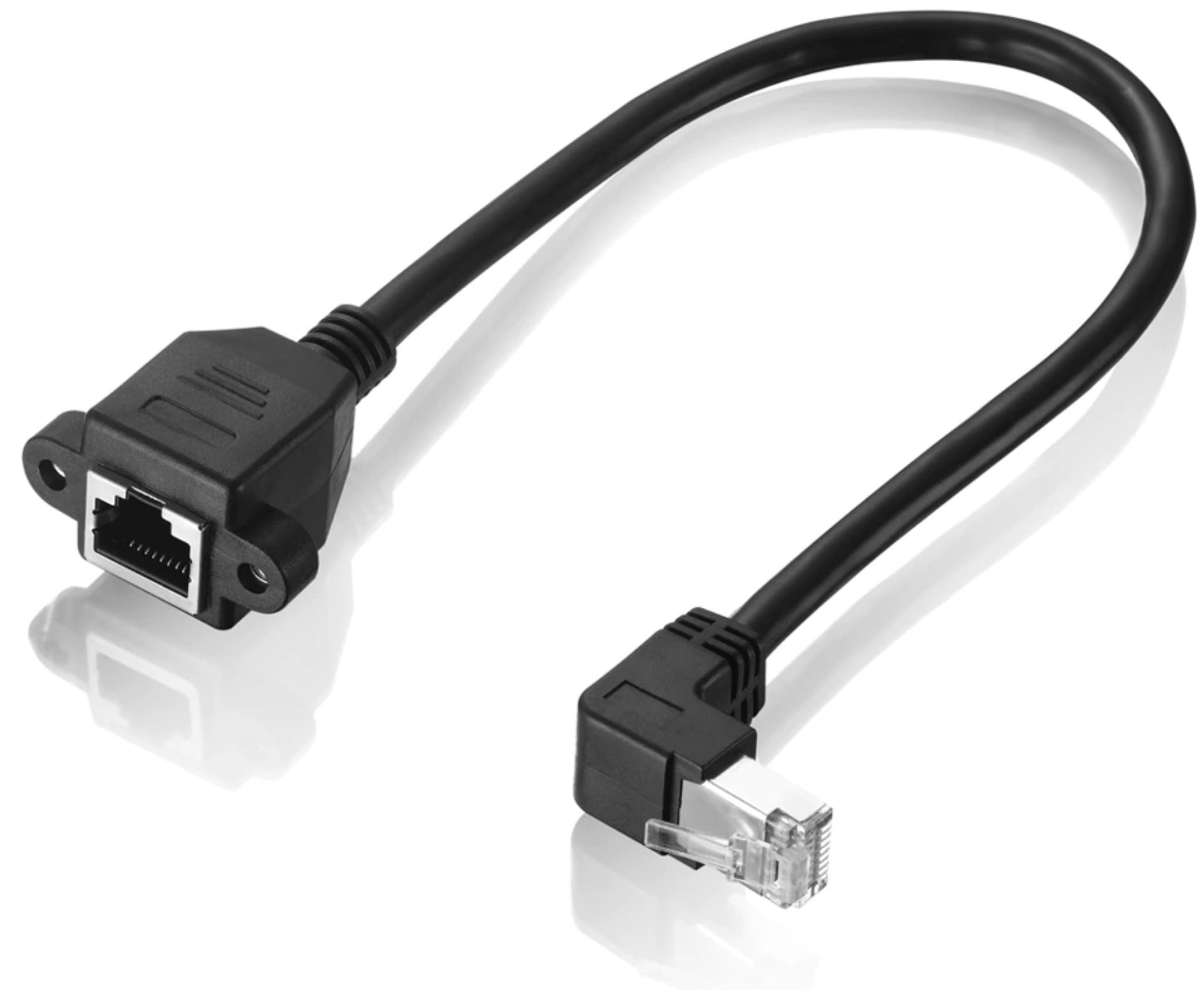 A black RJ45 male to female shielded Ethernet cable with a panel mount design.