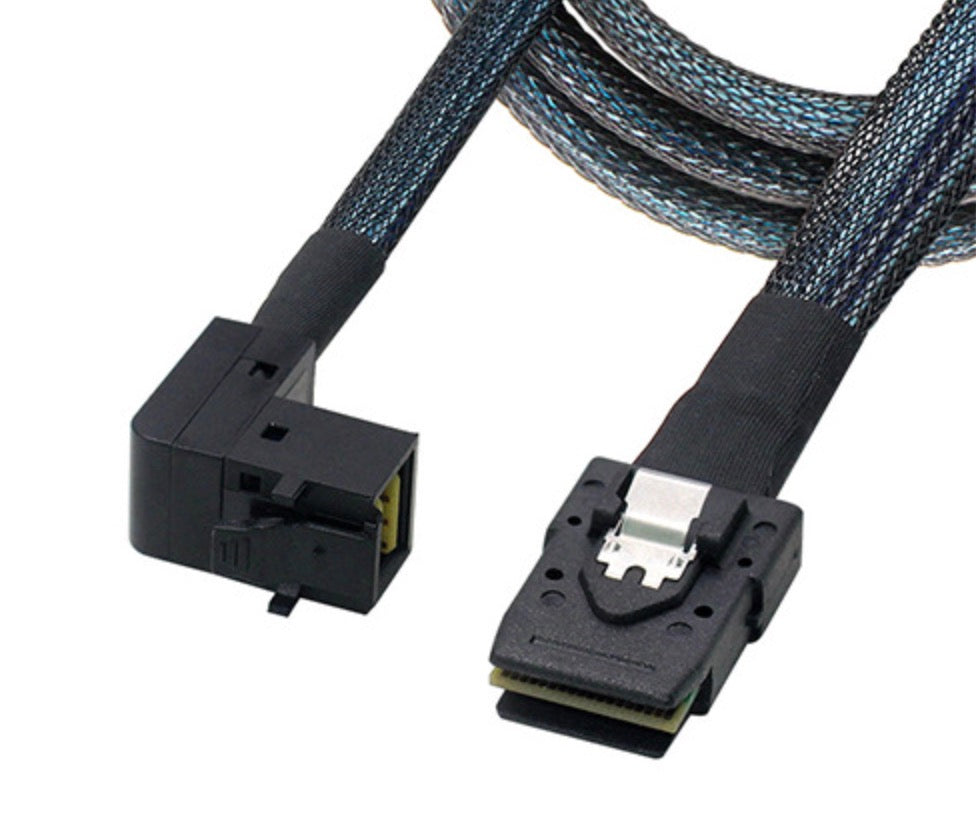 A black Mini SAS HD to Mini SAS 36-pin converter cable, with a right-angle bend and bolt-on connectors.