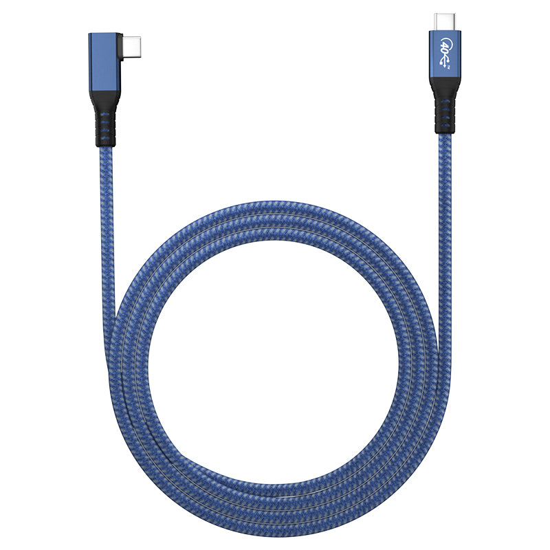 A blue USB-C male to male cable with a right/left angled connector on one end and a thick braid design.
