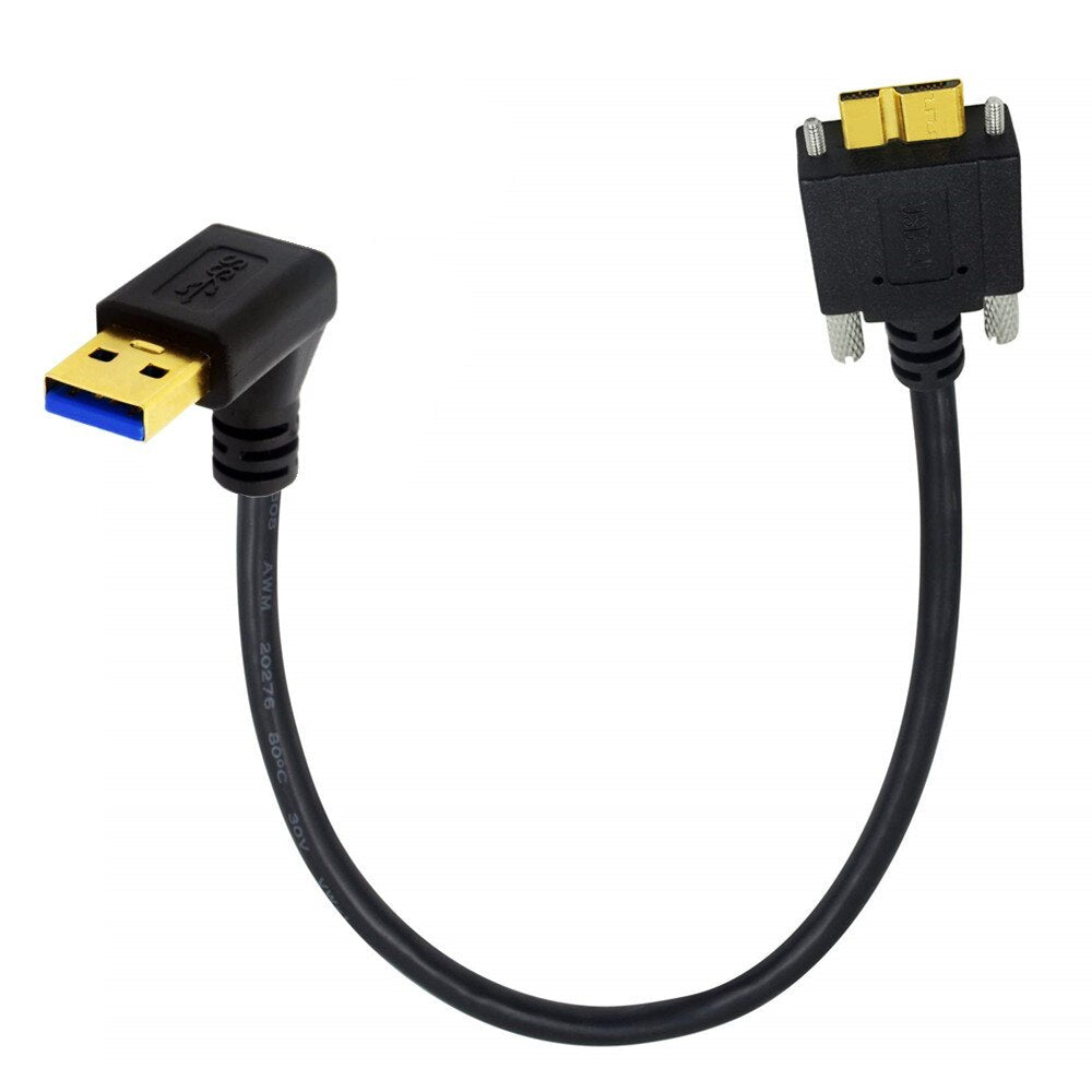 USB 3.0 A Male to Micro B Male Panel Mount Screw Locking Cable - Down Angle