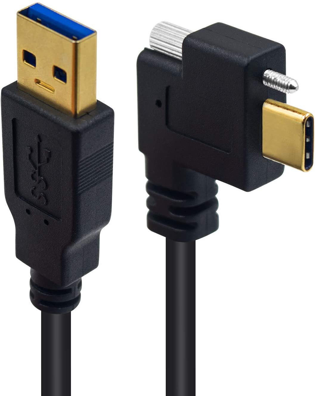 USB-A 3.0 to USB-C locking screw cable angled connector