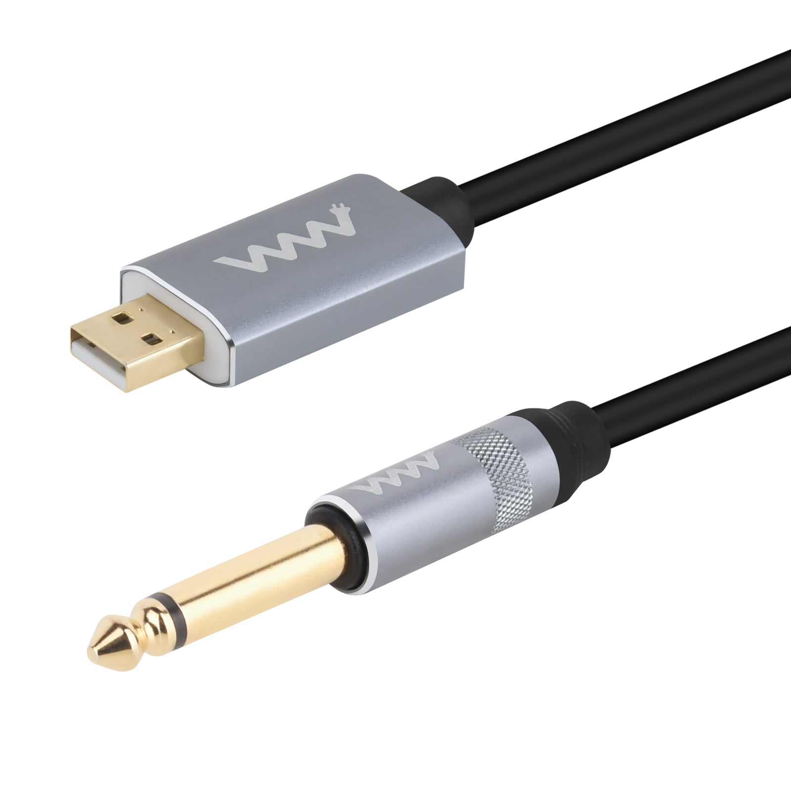 A USB 2.0 A Male to 6.35mm 1/4 inch Mono TS Male electric guitar cable, showing both the USB connector and the 1/4 inch jack.