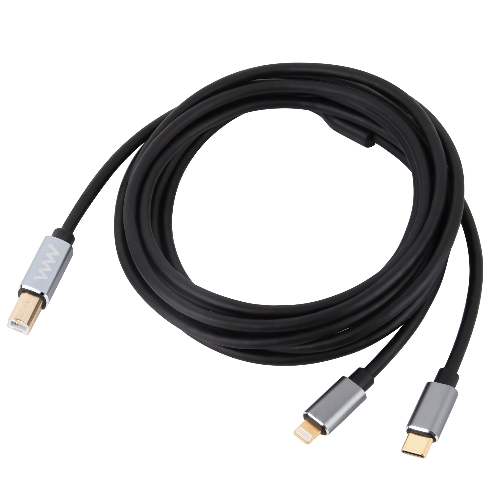 USB-B printer and MIDI cable with USB-C and Lightning connectors