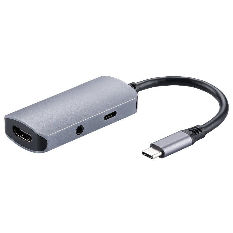 A gray USB-C hub with HDMI, audio, and USB ports, featuring a sleek design with a metallic finish.