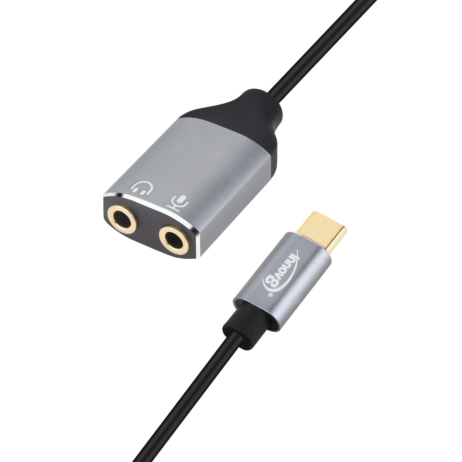 A USB-C male to dual 3.5mm female jack audio microphone splitter adapter cable with a black PVC jacket and silver-colored connectors.