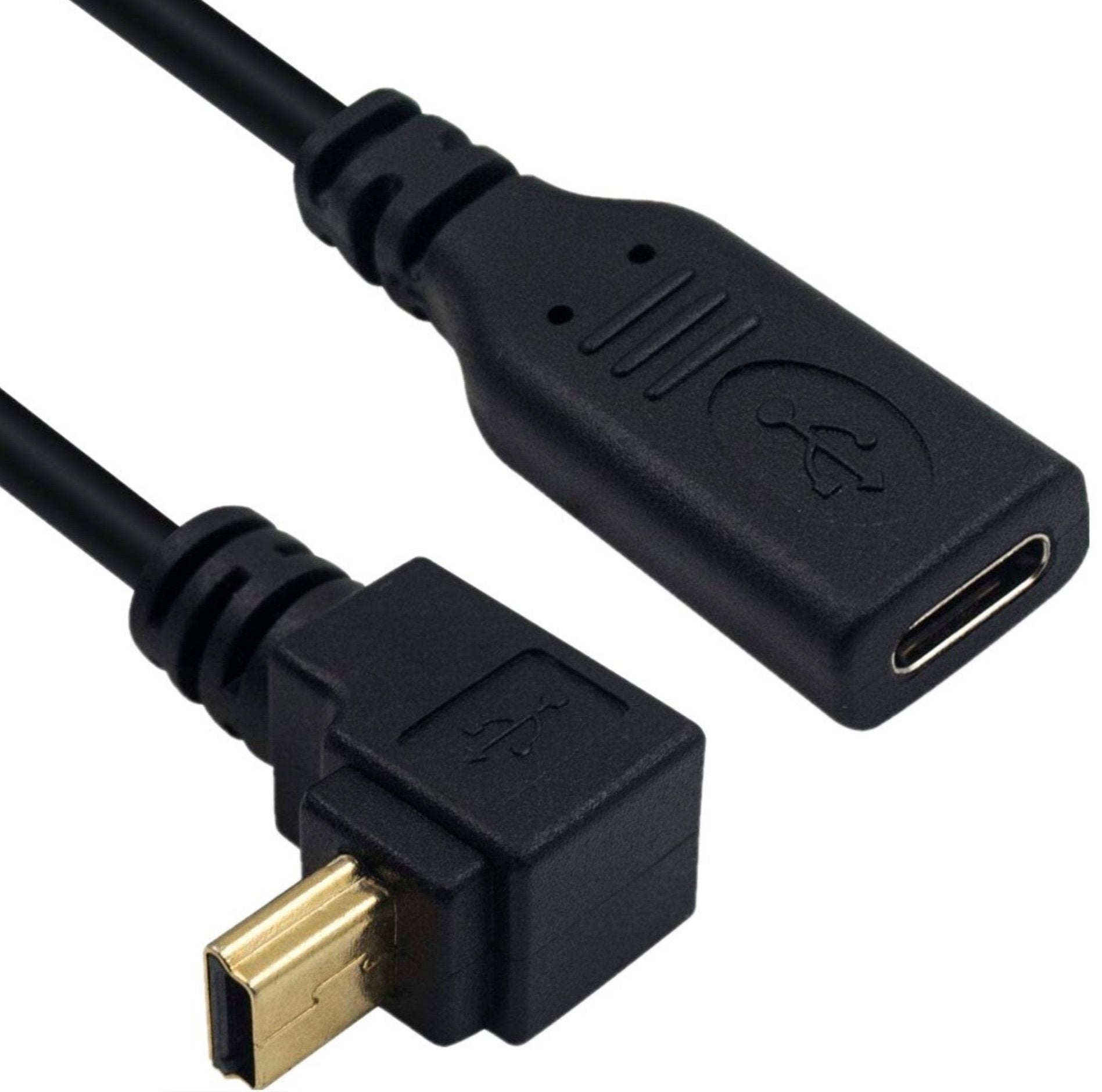A black USB-C to USB Mini B cable with angled and straight connectors.
