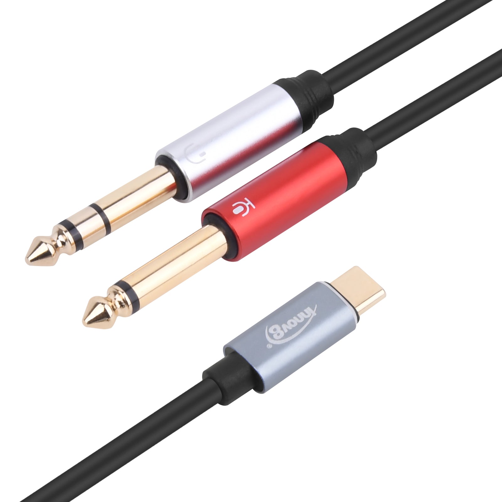 A USB-C to Dual 6.35mm audio instrument cable with one USB-C connector and two 6.