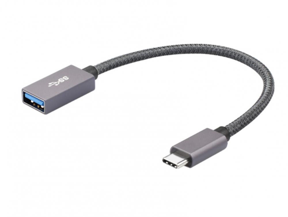 A gray USB-C male to USB 3.0 Type A female OTG cable with a braided design.
