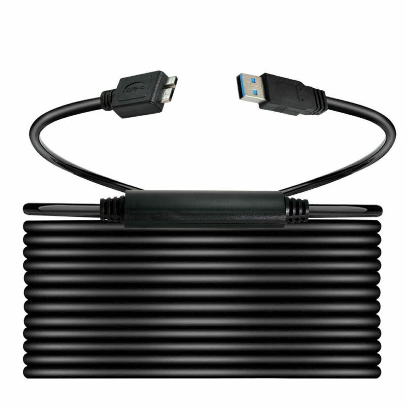A black USB-A 3.0 male to micro-B chipset repeater data charging cable.