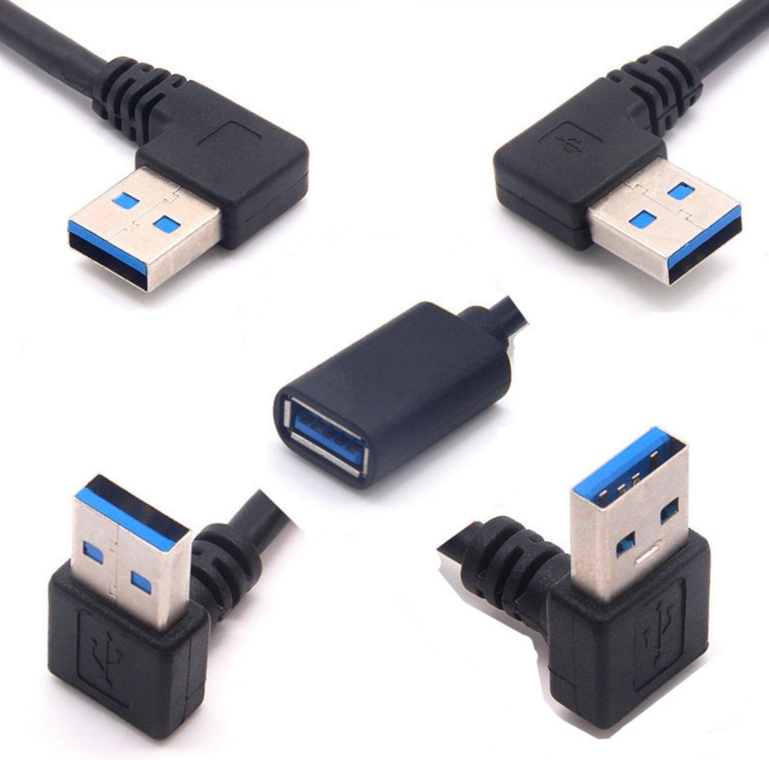 A collection of USB 3.0 Type A Male to Female extension cables in black, showing various angles and the connector details.