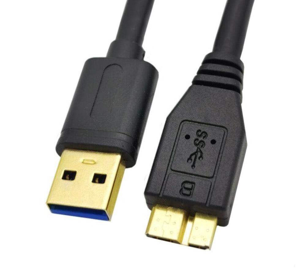 The image shows a black USB 3.0 Type A Male to USB 3.0 Micro-B Male data cable with gold-plated connectors.