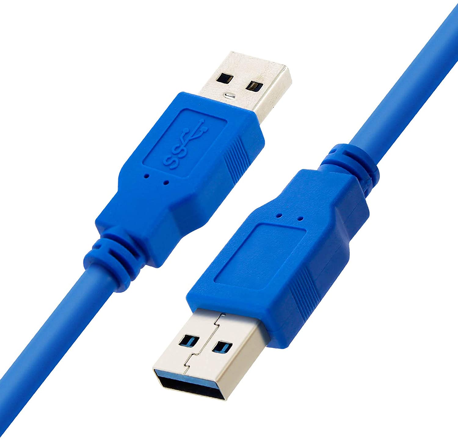 A blue USB 3.0 Type A male to male cable with a USB connector on one end and a male connector on the other.