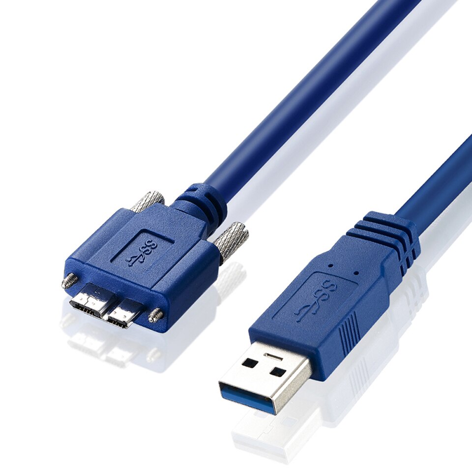 A blue USB 3.0 A Male to Micro B Male cable with a screw lock panel mount.