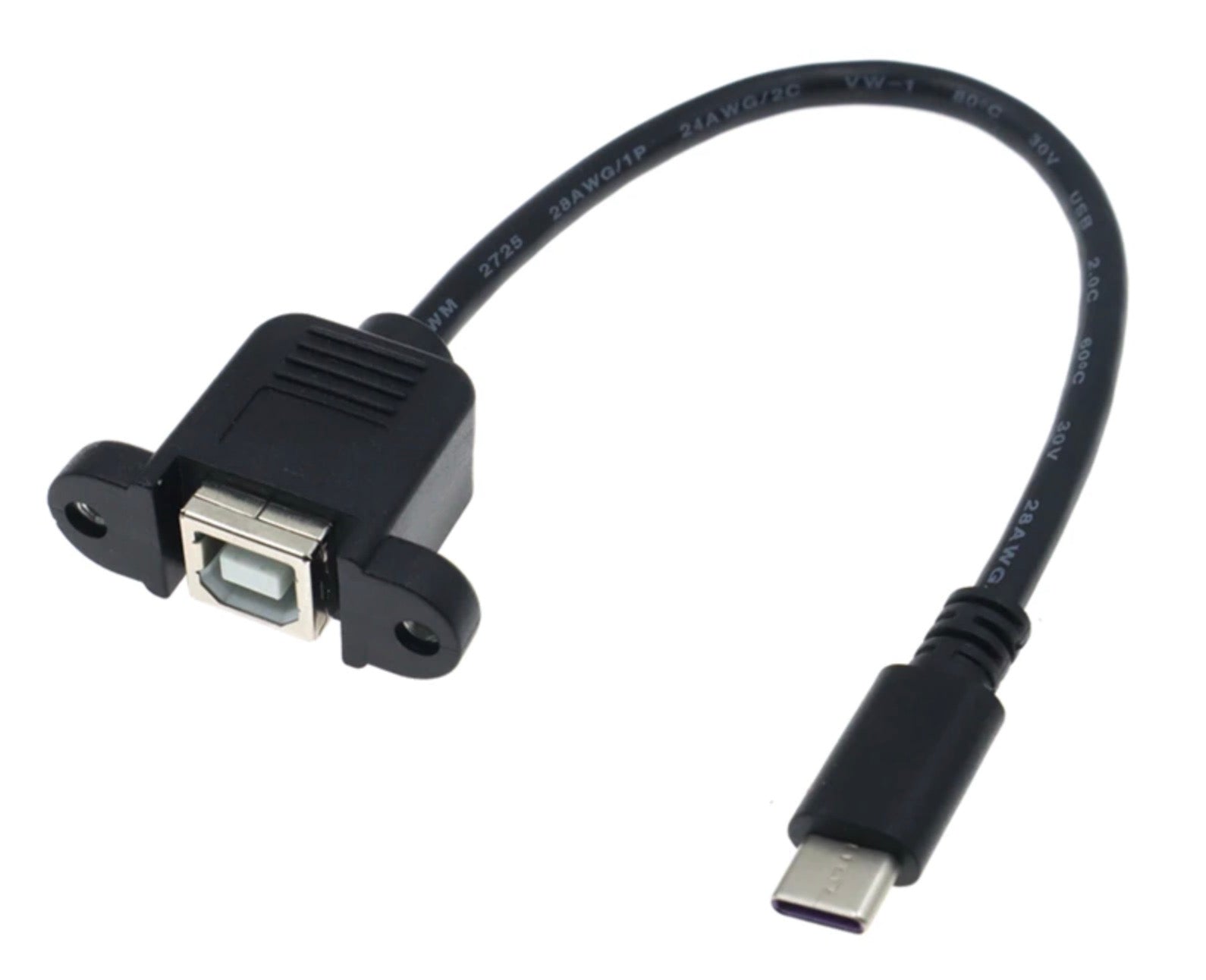 USB C to USB B female panel mount printer extension cable