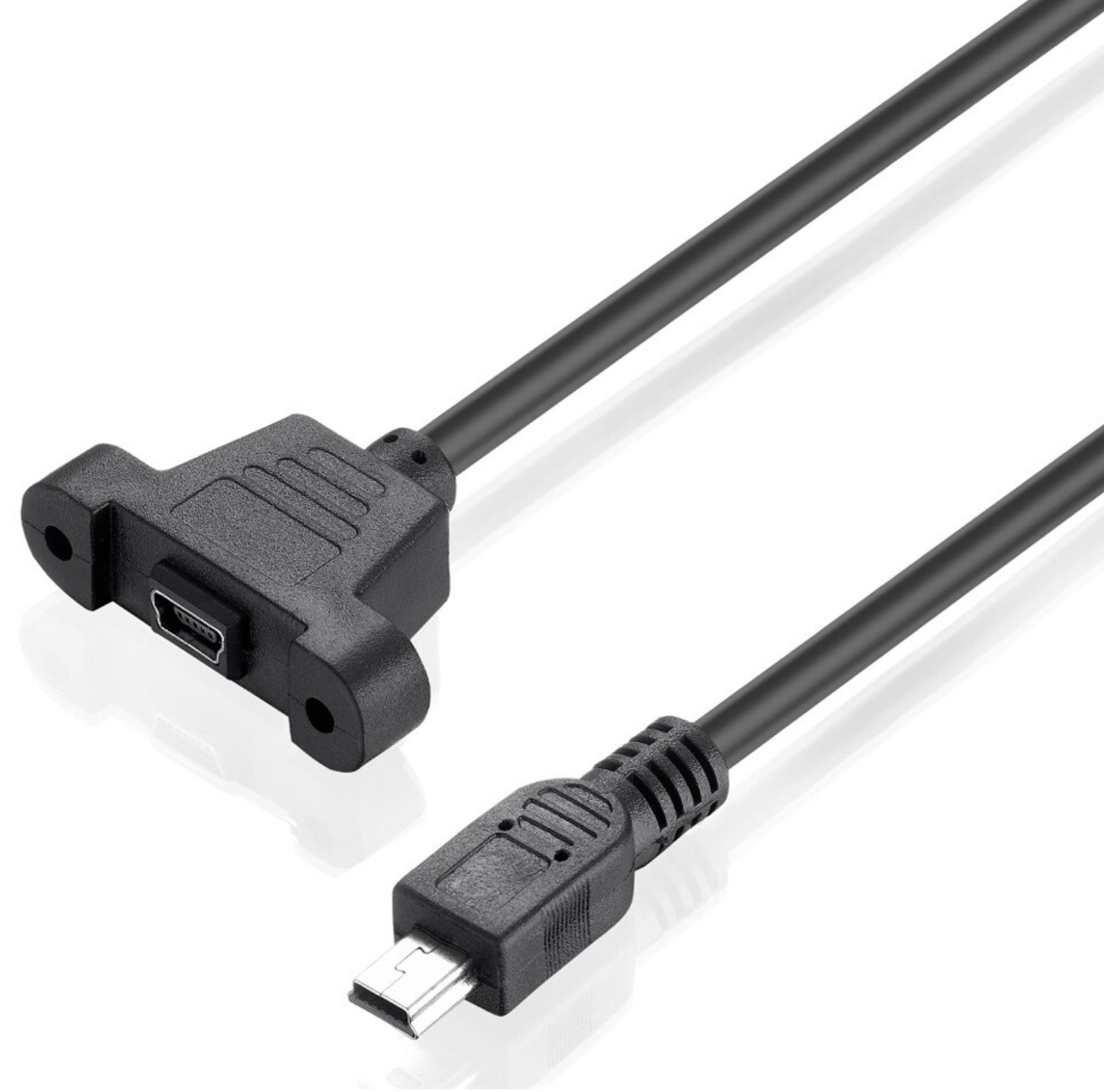 A black USB 2.0 Mini B male to female panel mount cable with screws on both connectors.