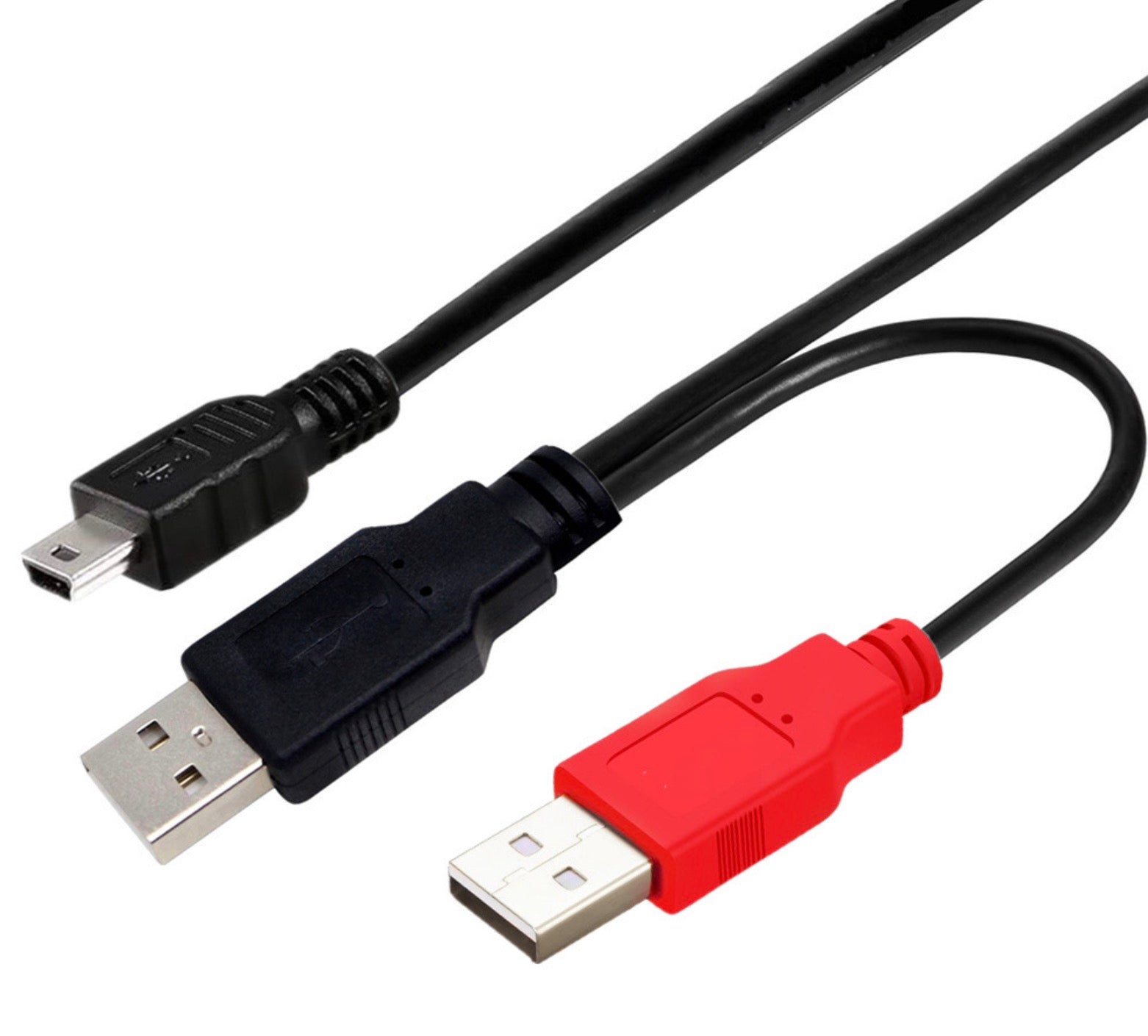 USB Mini-B to dual USB-A Y power and data cable