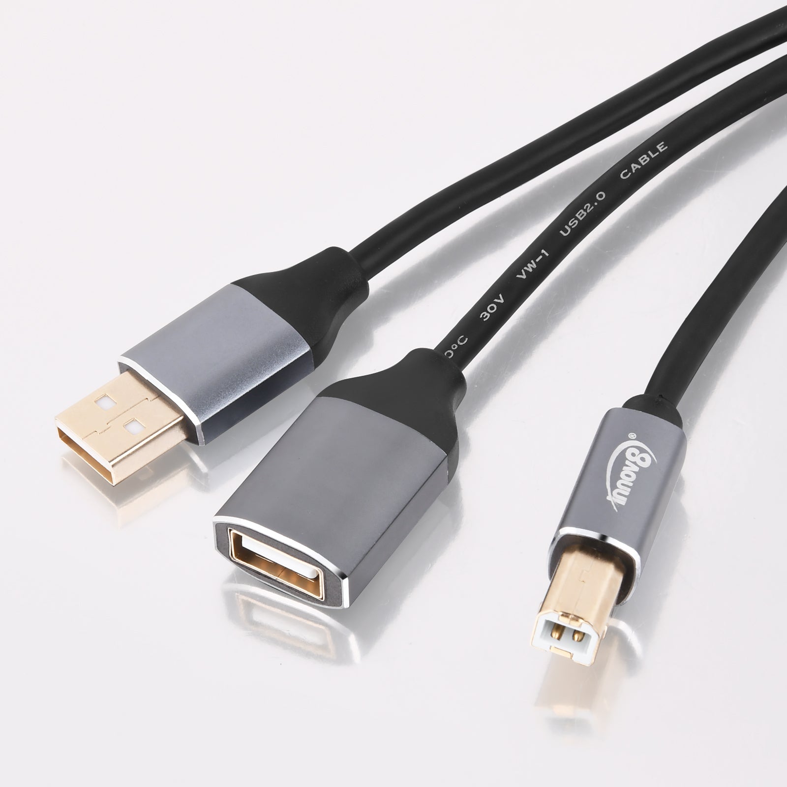 USB printer splitter cable showing USB-B and dual USB-A ends