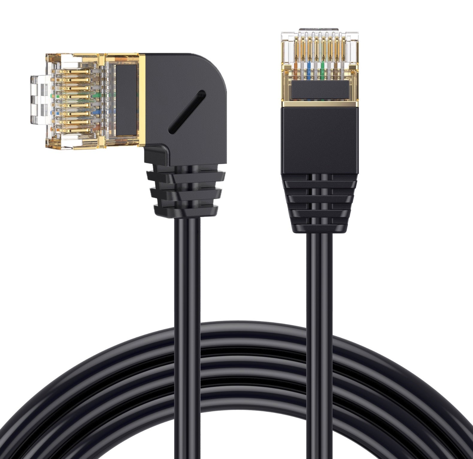 Close-up of CAT8 RJ45 gold-plated Ethernet connectors