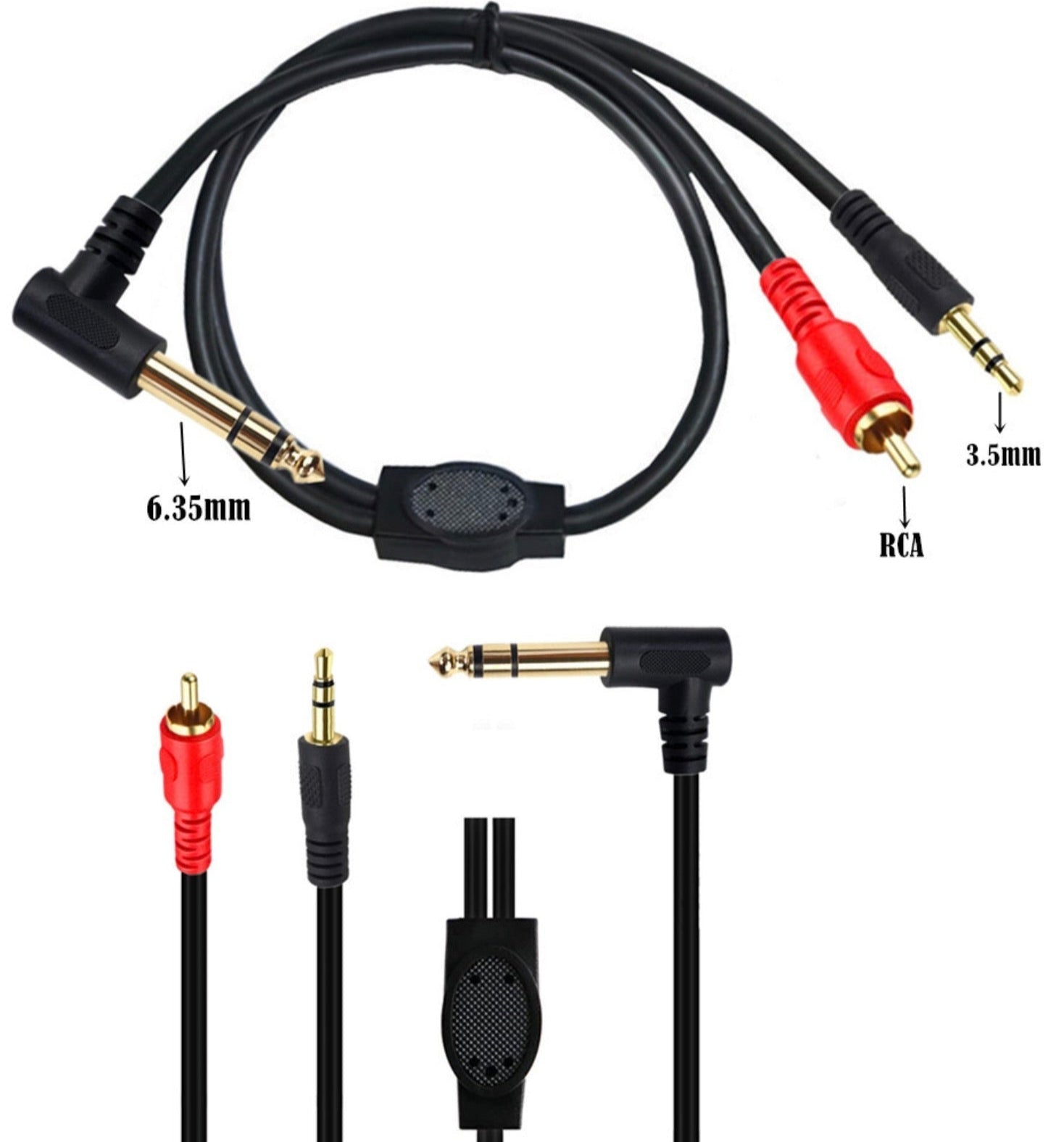 Audio cable with various connectors on a white background