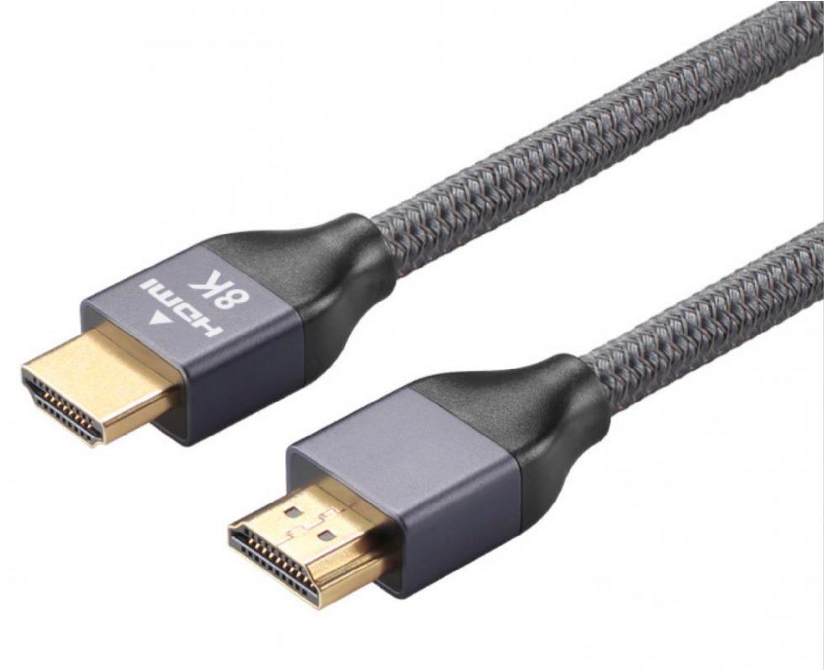 An 8K HDMI 2.1 certified male to HDMI male braided audio video cable with gray coloring and branding on the connectors.
