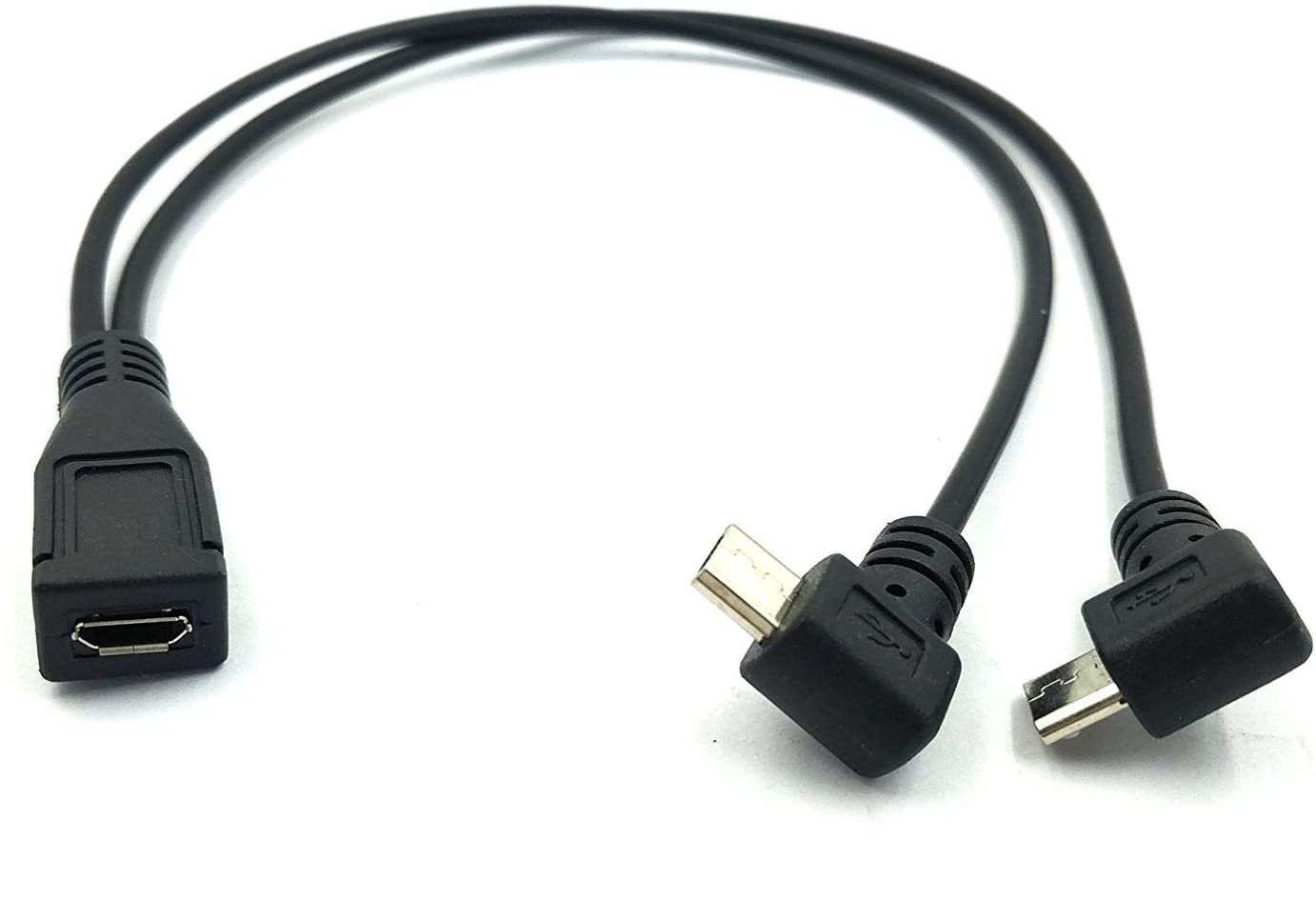 Angled micro USB Y splitter charging cable